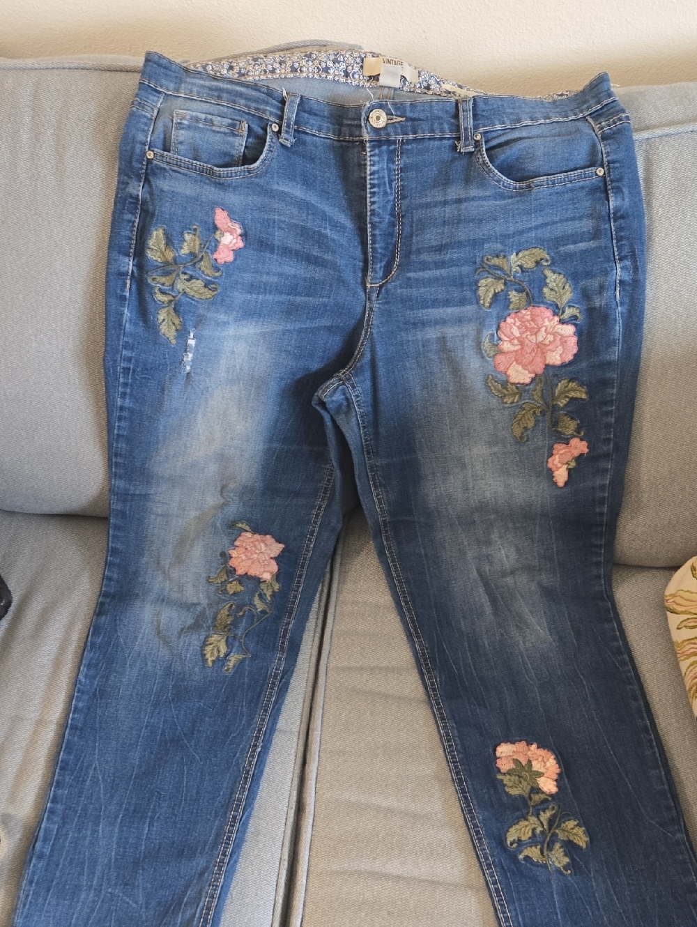 Vintage America Dark Blue Bestie Jeans with Pink Floral Embroidery